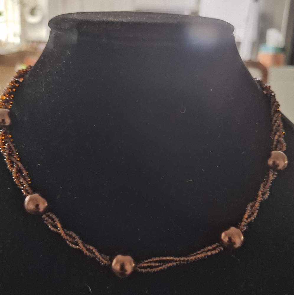 Brown Beaded Necklace with Metallic Accents